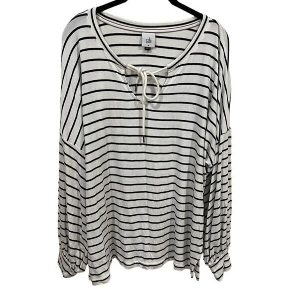 CAbi White and Black Striped Jersey Knit Long Sleeve Tiefront Size M - Picture 2 of 10